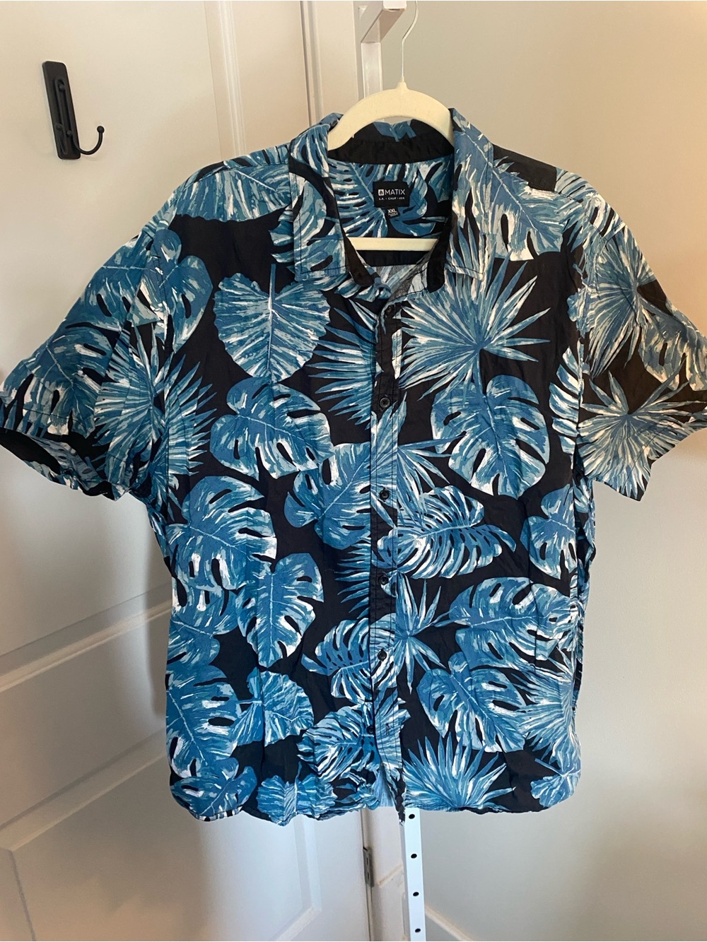 Matix Black Shirt with Blue Tropical Leaf Print XXL